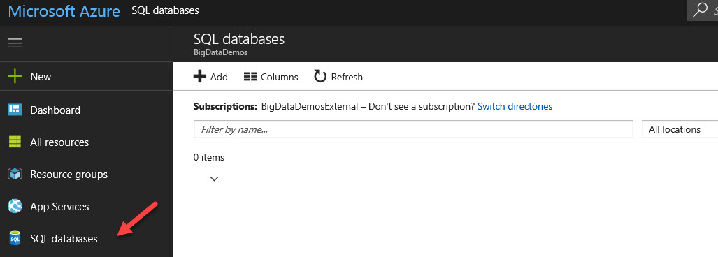 In the Azure Portal, in the left menu, a callout points to SQL Databases.